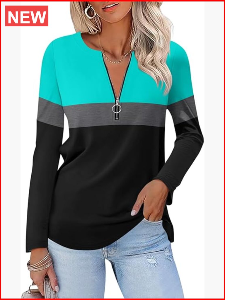 Women's Long Sleeve Tunic With Zipper Detail Casual Crew Neck Tee